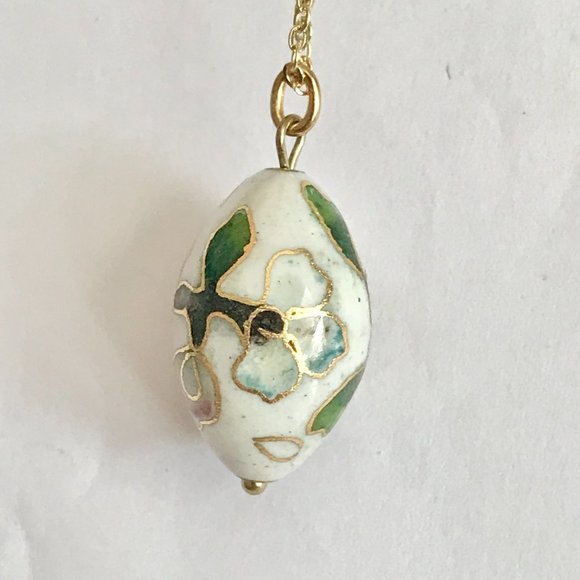 Vintage Cloisonne Flower Egg Oval Bead Necklace Aqua Pink Enamel Gold Plated 18" - Picture 6 of 11
